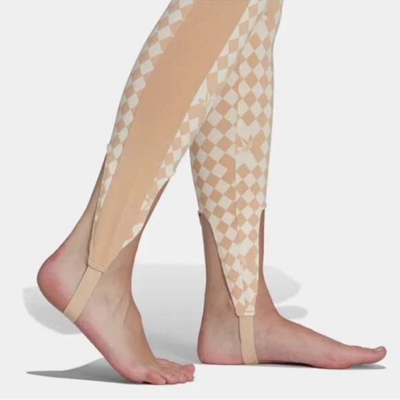 adidas Cream and Brown Checkered Print Signature Stirrup Leggings - Picture 6 of 9